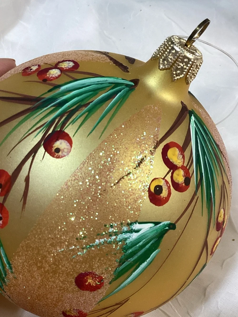 Hand-Painted Gold Glitter Holiday Pine Tree Themed Ornament Set Larger Size